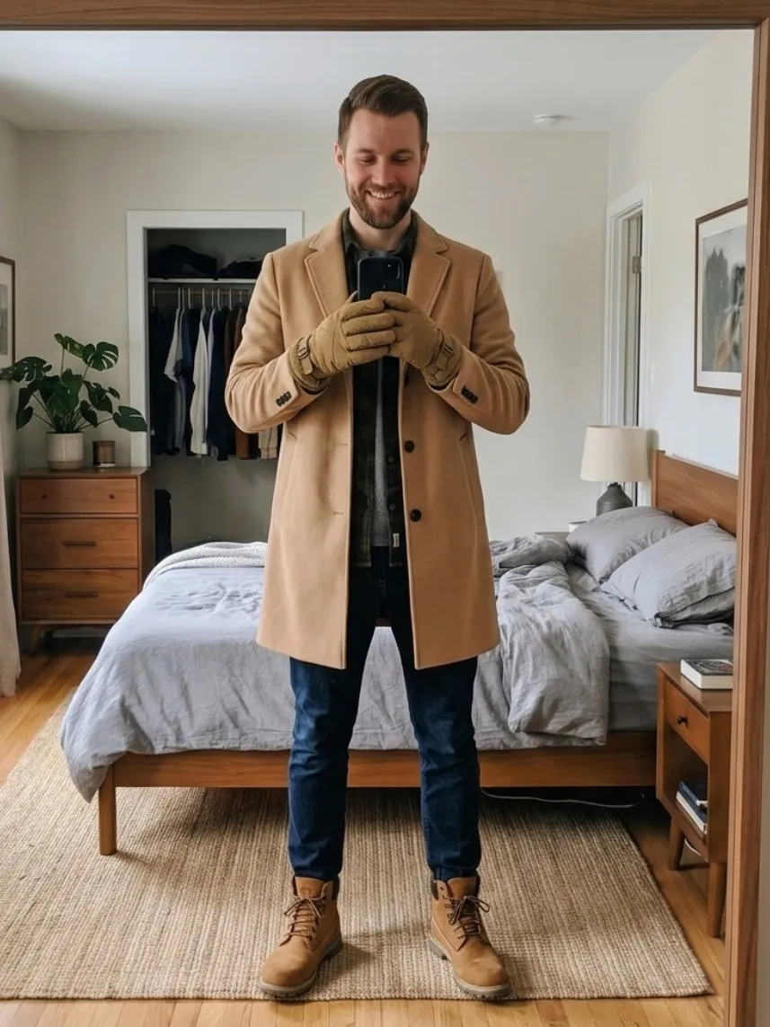 A camel overcoat rendered onto a saved photo. AI-generated image.
