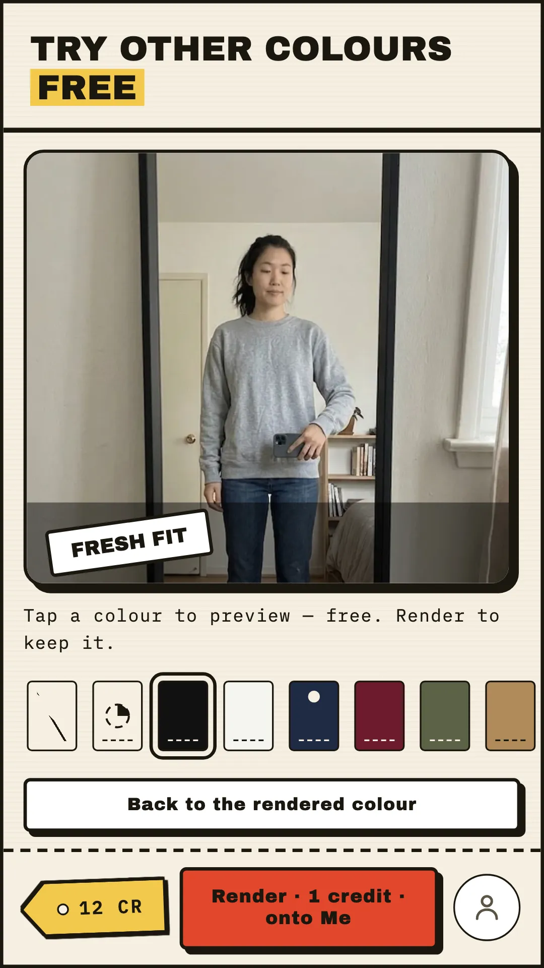 Tryft's colour rail, previewing a prepared garment in a different colour.